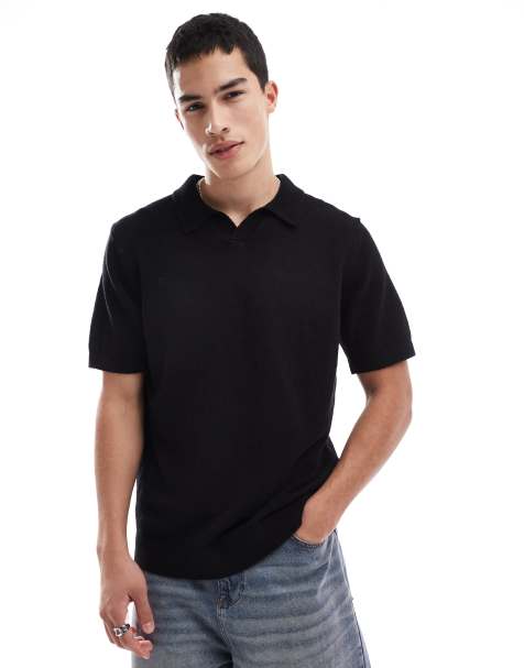 Jack & Jones Premium split neck boucle texture polo shirt in black