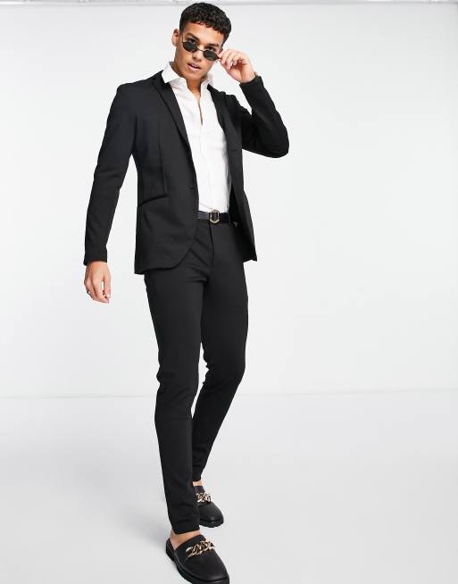 Jack & Jones Premium – Czarny dżersejowy zestaw: marynarka garniturowa i dopasowane spodnie