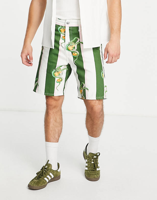 Jack & Jones - premium denim shorts in green stripe with snake print