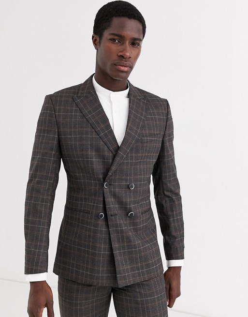 Jack & Jones Premium double breasted check suit jacket in grey