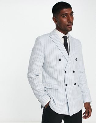 Jack & Jones Premium double breasted suit jacket in light blue stripe