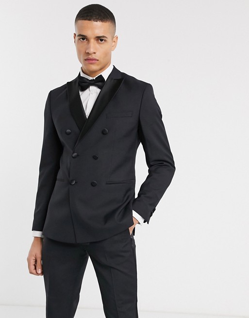 Jack & Jones Premium double breasted tux suit jacket in black