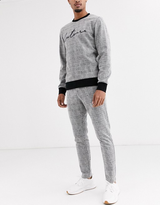 Jack & Jones Premium drawstring check textured trousers in grey