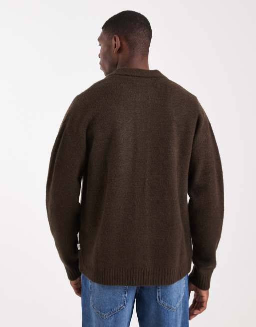 Jack & Jones Premium – Flauschige Strickjacke in Braun mit Kragen, 3 von 5