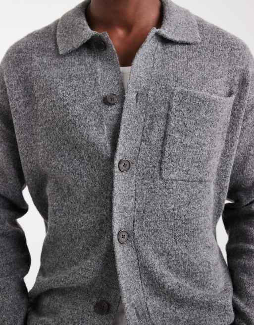 Jack Jones Premium – Flauschige Strickjacke in Grau mit Kragen