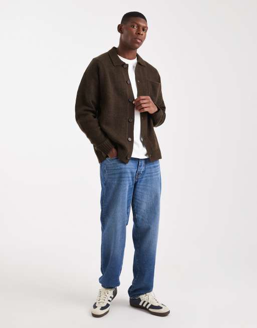 Jack & Jones premium fluffy cardigan with collar in brown