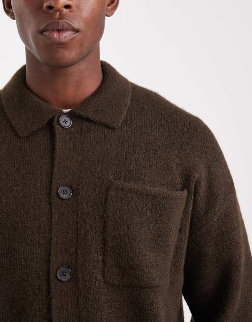 Jack & Jones premium fluffy cardigan with collar in brown