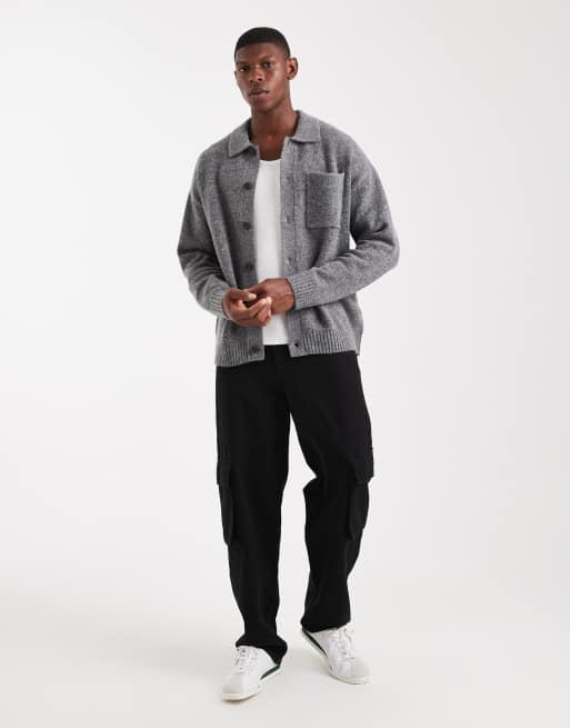Jack & Jones premium fluffy cardigan with collar in gray