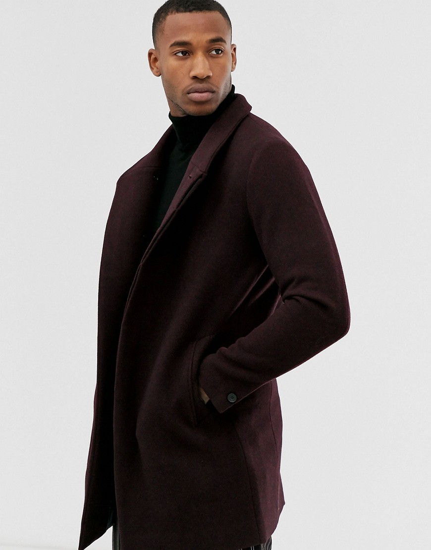 Jack & Jones Premium funnel neck wool overcoat in burgundy-Red