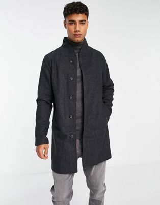 Jack & Jones Premium funnel neck wool overcoat in dark grey