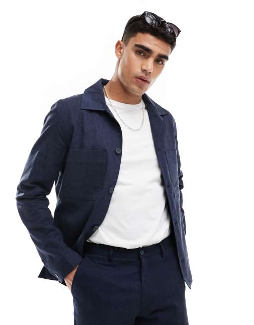 Jack & Jones Premium - Giacca casual da abito in misto lino blu navy   