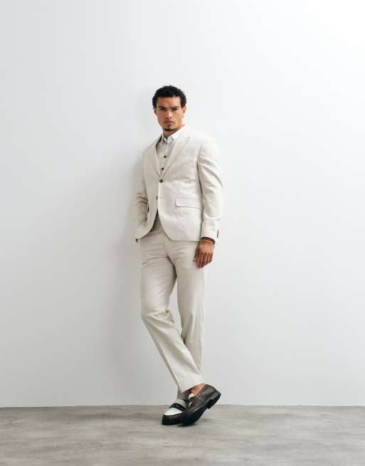 Jack & Jones Premium - Giacca da abito slim in misto lino beige in coordinato, 2 di 5