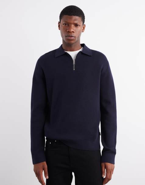 Jack & Jones premium long sleeve knitted polo with quarter zip in navy