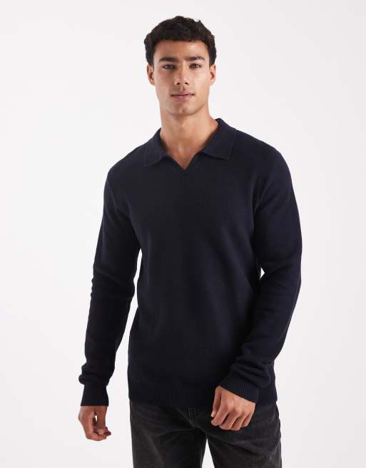 Jack & Jones Premium – Granatowa dzianinowa koszulka polo z długimi rękawami