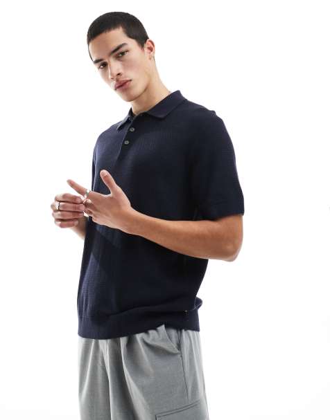 Jack & Jones Premium texture button polo shirt in navy