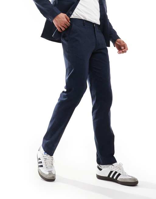 Jack & Jones Premium – Granatowe spodnie garniturowe z mieszanki lnu 