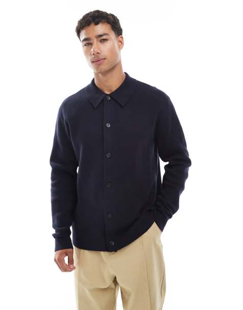 Jack & Jones premium knitted cardigan with collar in navy