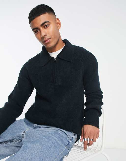 Jack & Jones Premium – Granatowy gruby sweter oversize z domieszką wełny z zamkiem pod szyją 