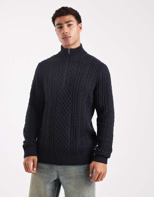 Jack & Jones Premium – Granatowy sweter z dzianiny o warkoczowym splocie i zapięciem na suwak pod szyją