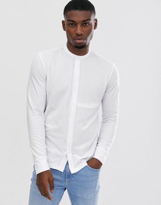 Jack & Jones Premium grandad collar jersey shirt in white | ASOS