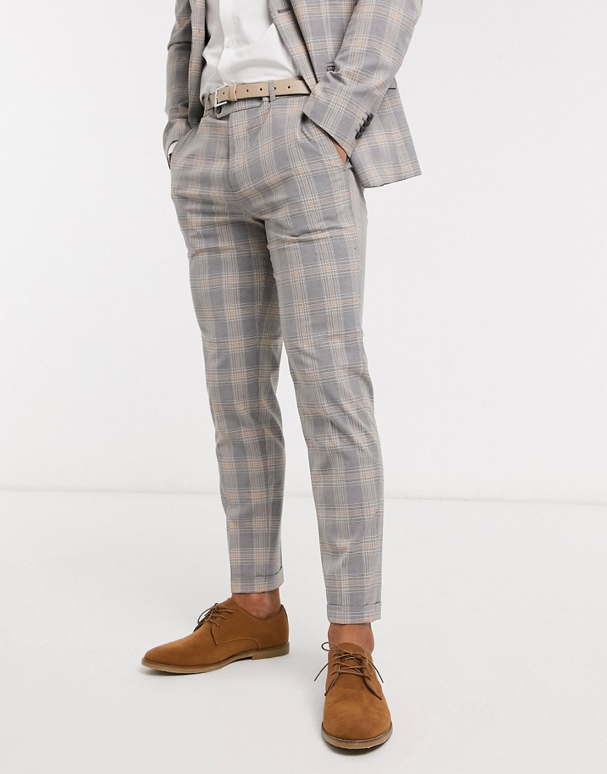 Jack & Jones Premium – Grårutiga kostymbyxor med supersmal passform