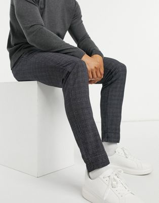 Jack & Jones Premium – Grau karierte Anzughose aus Jersey