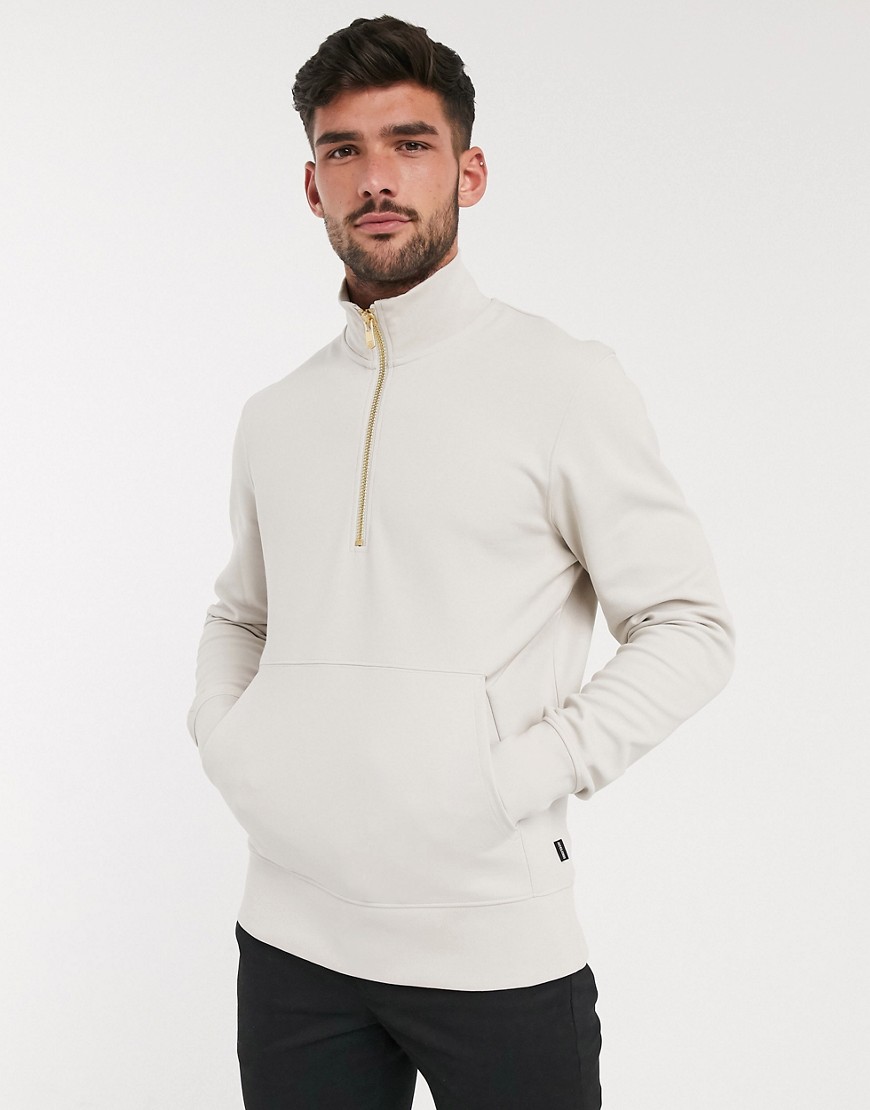 Jack & Jones Premium – Gråvit sweatshirt med kort dragkedja-Sandfärgad