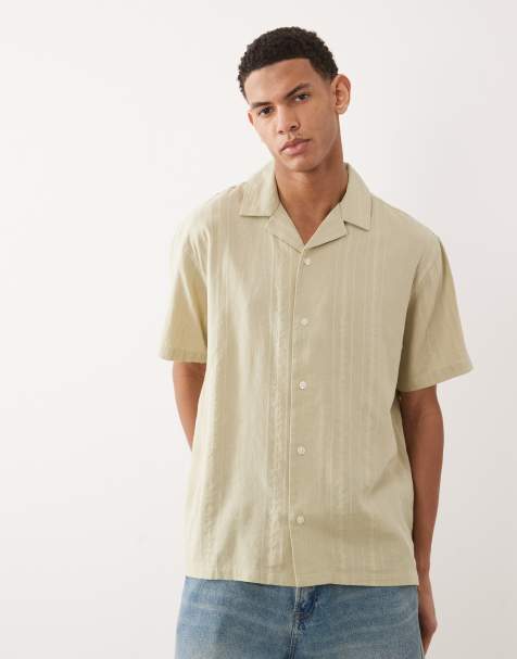 Jack & Jones Premium – Grön, randig skjorta i linnemix med korta ärmar - view 1