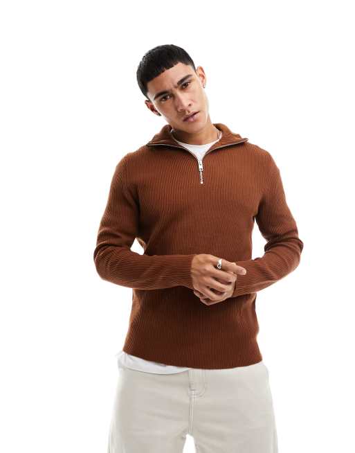 Jack & Jones Premium half zip ribbed knit jumper in brown