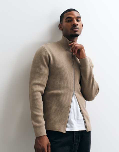 Jack & Jones premium high neck zip through cardigan in beige - view 1