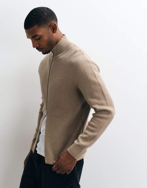 Jack & Jones premium high neck zip up cardigan in beige, 4 of 5