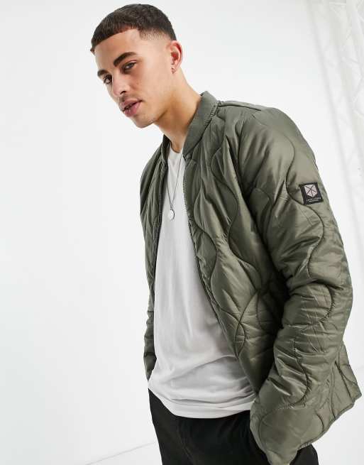 Jack u0026 Jones Premium high shine quilted bomber in khaki | ASOS