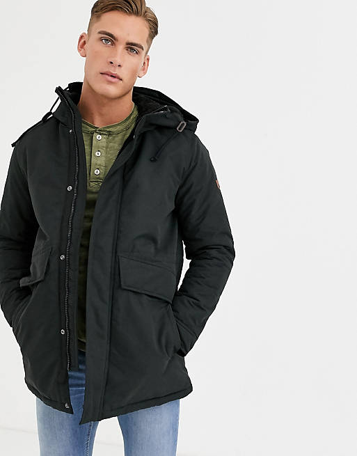 Naar de waarheid Menselijk ras Kosciuszko Jack & Jones Premium hooded parka jacket in black | ASOS