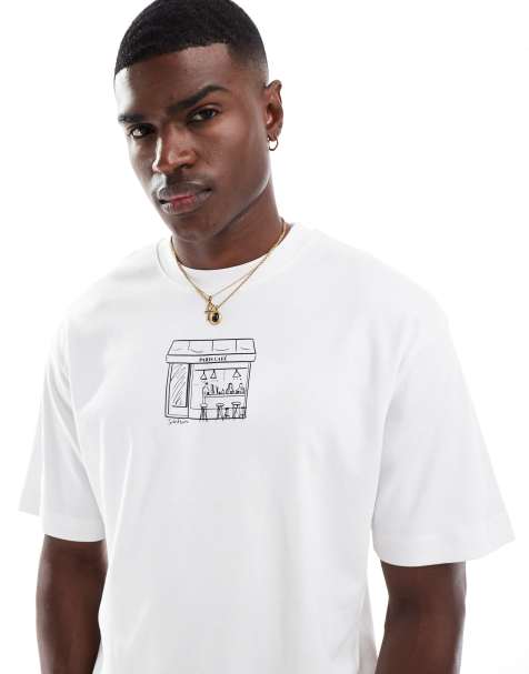 Jack & Jones - Premium - Hvid og oversized T-shirt med café-print på brystet - view 1