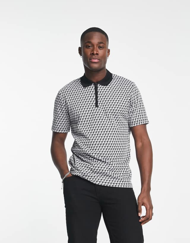 Jack & Jones Premium jacquard half zip polo in black