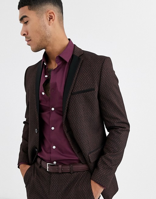 Jack & Jones Premium jacquard satin lapel suit jacket in black