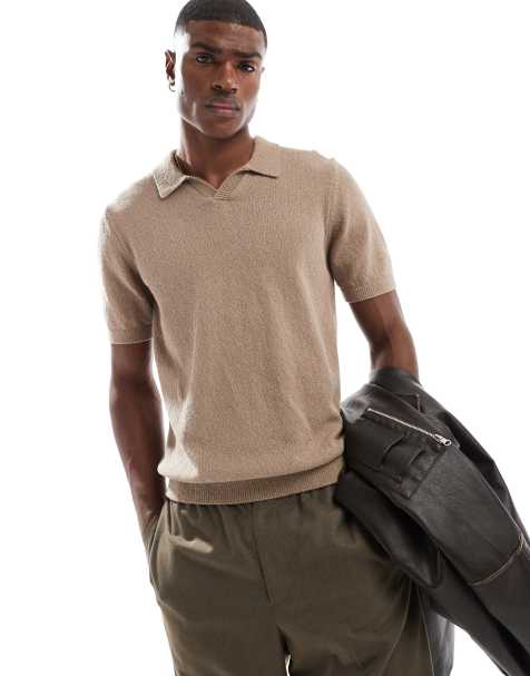 Jack & Jones Premium split neck boucle texture polo shirt in tan