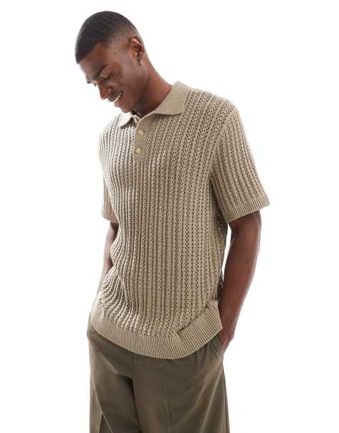 Jack & Jones Premium crochet knitted polo shirt in tan