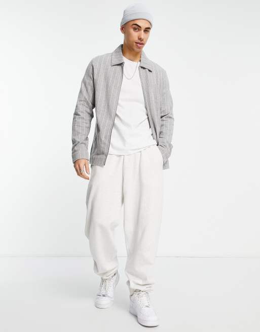 Jack & Jones Premium – Jersey-Jacke in Grau mit Nadelstreifen und durchgehendem Reißverschluss