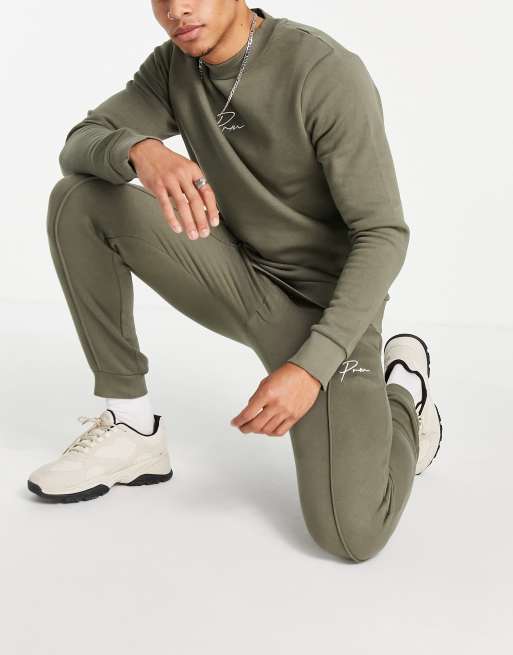 Jack & Jones Premium - Joggers verde kaki con fondo elasticizzato e logo con scritta in coordinato
