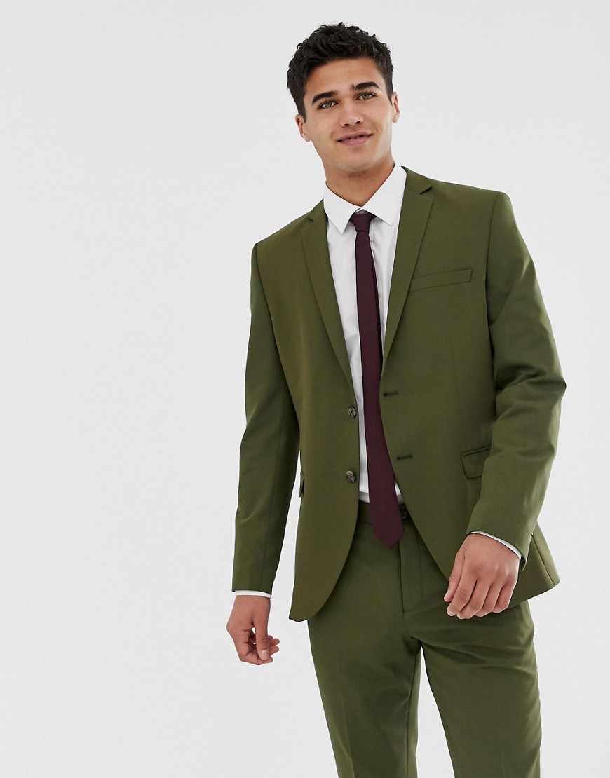 Jack & Jones – Premium – Kakifärgad kostymjacka i stretch med smal passform-Grön