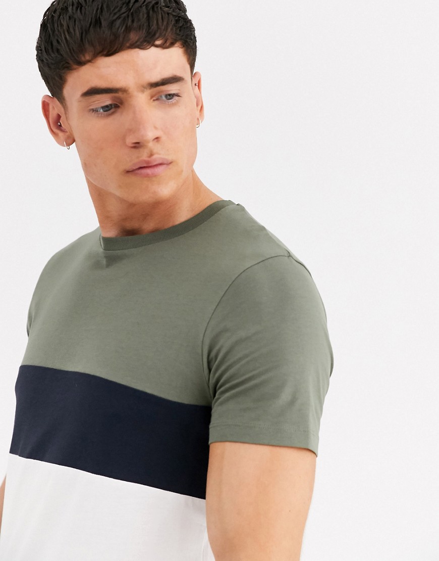 Jack & Jones – Premium – Kakifärgad t-shirt med blockfärgade ränder-Grön