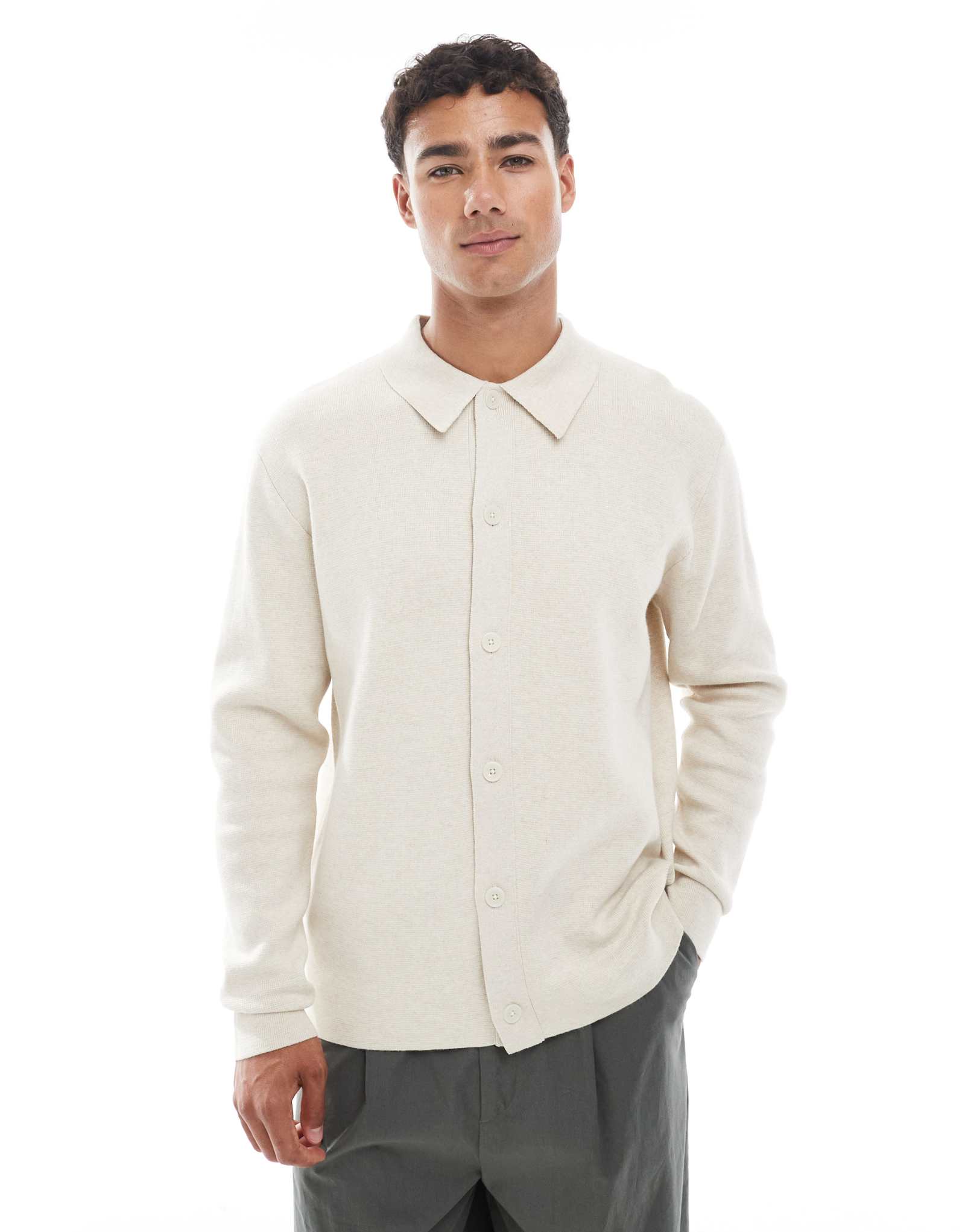 Кардиган премиум-класса из трикотажа Jack &Jones с воротником кремового цвета