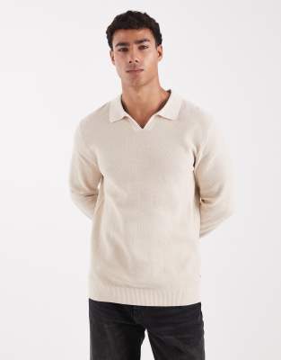 Jack & Jones Premium Long Sleeve Knit Polo In Neutral