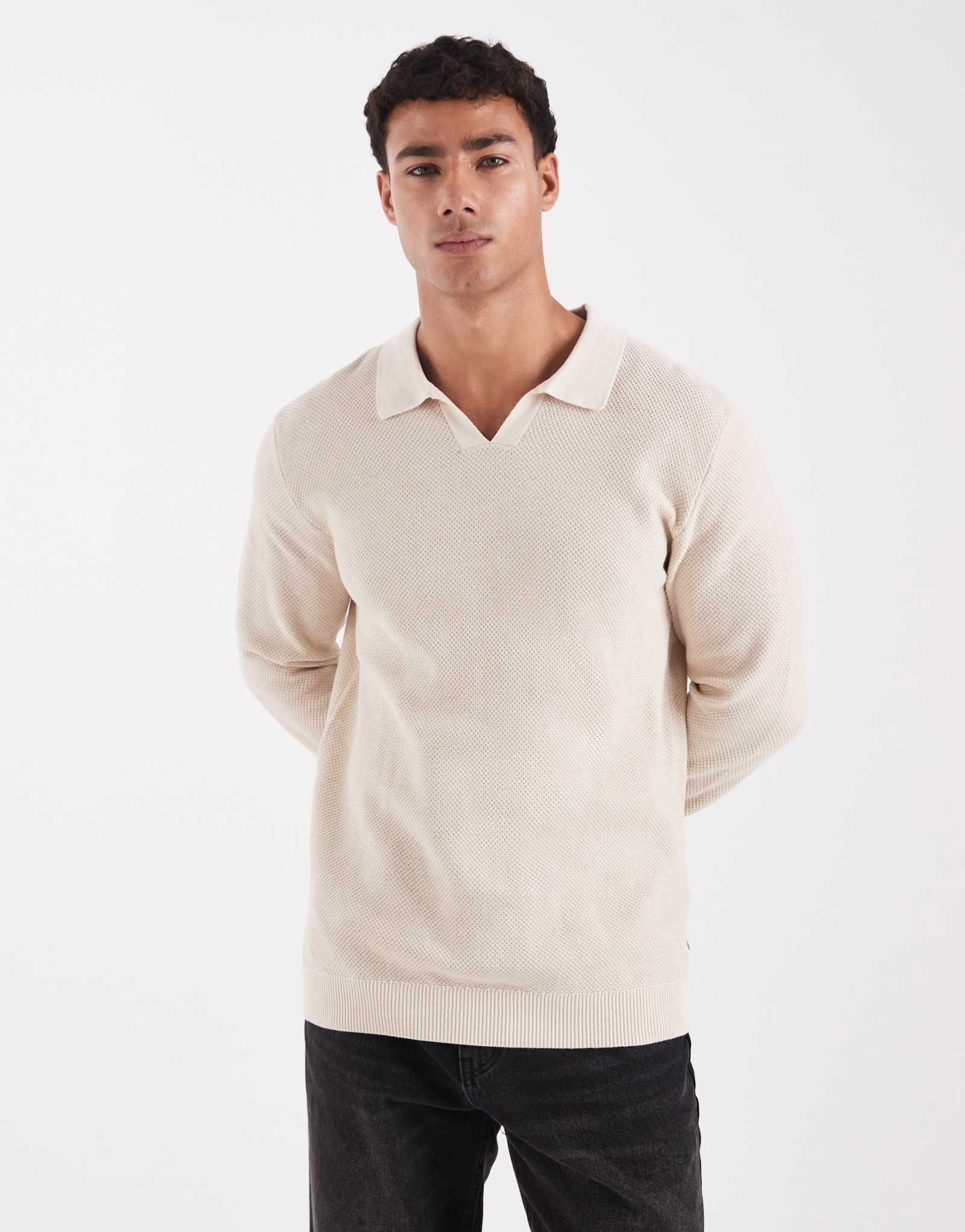 Кремовое поло из премиального трикотажа Jack &Jones с длинным рукавом кремового цвета