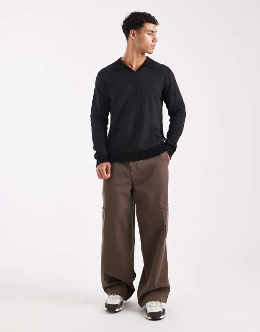 Jack & Jones premium knit long sleeve polo in dark gray