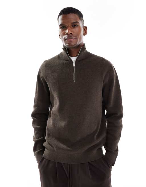 Jack & Jones premium knit quarter zip in brown