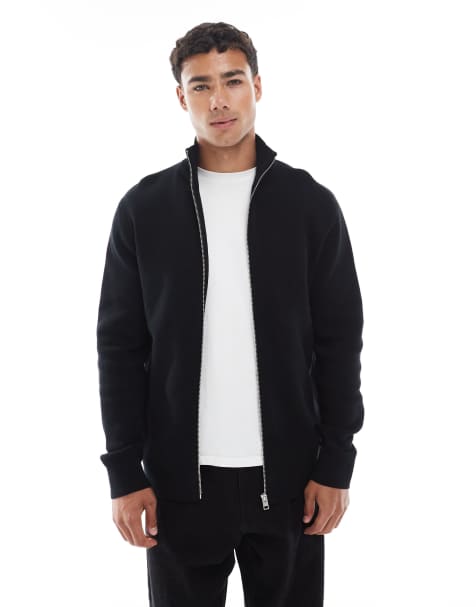 Jack & Jones premium knit zip up sweater in black - view 1