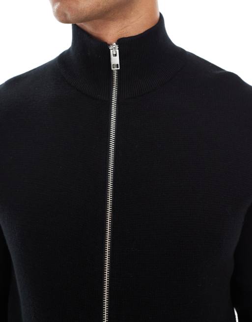 Jack & Jones premium knit zip up sweater in black