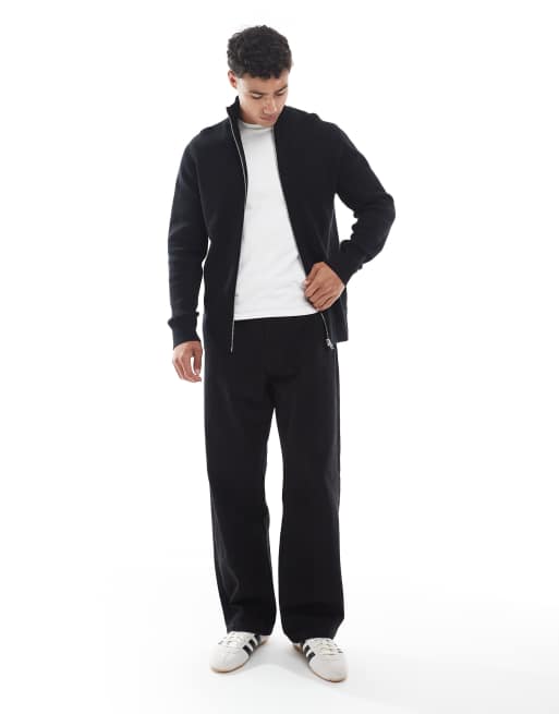 Jack & Jones premium knit zip up sweater in black